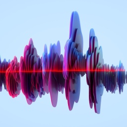 Digital generiertes Bild einer Audiowelle aus blauen kreisförmigen Formen, der mit einem roten Laser auf blauem Hintergrund gescannt wird.