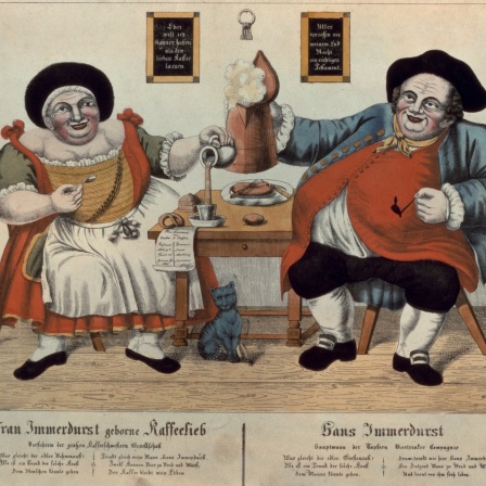 Bier als wichtiges Lebensmittel im 19. Jahrhundert: Radierung, koloriert, um 1810