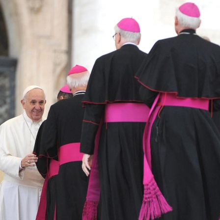 Bischöfe stehen Schlange zur Begrüßung durch Papst Franziskus.