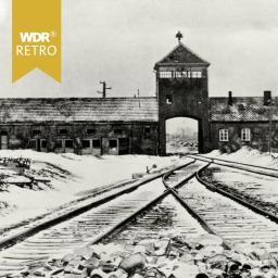 Blick auf das Eisenbahntor des Vernichtungslagers Auschwitz-Birkenau, 1945