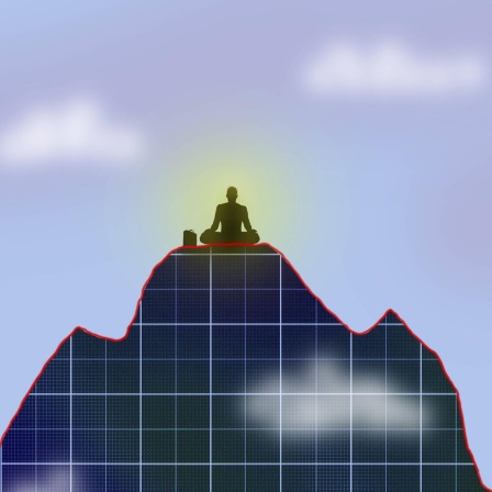 Illustration: Die Silhouette eines Mann im Lotussitz auf einem diagrammartig stilisierten Berggipfel. 