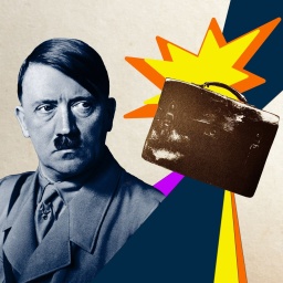 Cover zum Podcast &#034;Omas Tasche und das Hitler-Attentat&#034;: Porträt von Adolf Hitler, daneben ein Koffer