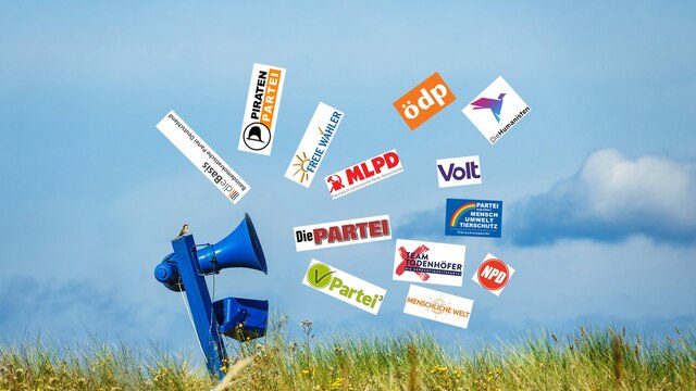 Collage: Ein blaues Megaphon auf sommerlicher Wiese mit einem kleinen Vogel. In der Luft die Logos der kleinen Parteien, die zur Bundestagswahl 2021 antreten.