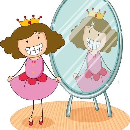 Grafik: Ein Mädchen mit Krönchen betrachtet sich selbstverliebt in einem Spiegel.