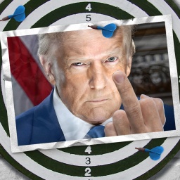 Eine Fotomontage zeigt eine Postkarte auf einer Dartscheibe. Die Postkarte zeigt US-Präsident Trump, der den Mittelfinger zeigt.