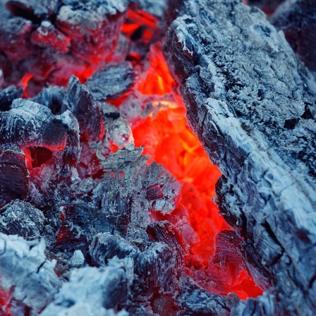 Zu sehen: Nahaufnahme eines Feuerst mit Glut und Asche. 