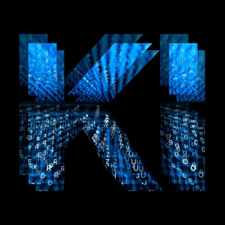 Der Schriftzug "KI", der aus einer Langzeitbelichtung eines Laptops und einem Binärcode besteht, ist vor schwarzem Hintergrund zu sehen. (Bild: picture alliance/dpa | Silas Stein)