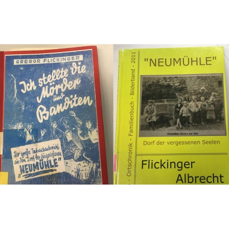 Bücher zur Geschichte der Neumühle von Gregor und Albrecht Flickinger: Zwei ehemalige Neumühler haben die Geschichte ihrer Siedlung niedergeschrieben. Gregor Flickinger konzentriert sich auf die Ereignisse, die zum großen Prozess führten und auf seine eigene Rolle dabei. Albrecht Flickinger holt historisch weiter aus.