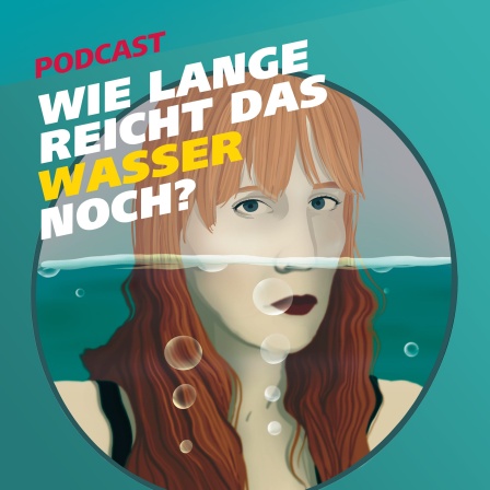 Auf dem Bild sieht man Brust und Kopf einer jungen Frau, die zur Hälfte im Wasser steht, daneben der Schriftzug "Wie lange reicht das Wasser noch?" und der Hinweis, dass es sich um einen Podcast handelt.