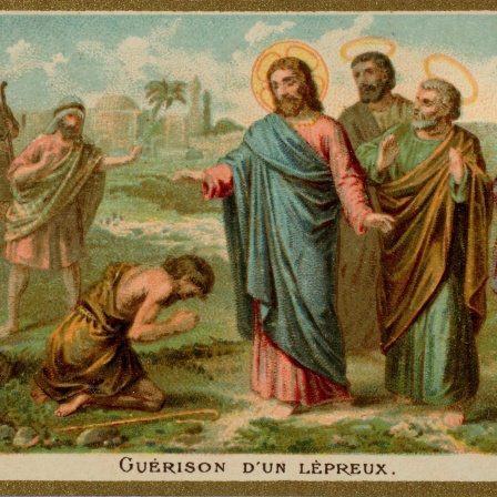Heilung des Aussätzigen (Farblithographie. Sammelbildchen aus einer Serie: 'La vie de Jésus', Paris) Druckgrafik, Frankreich um 1900