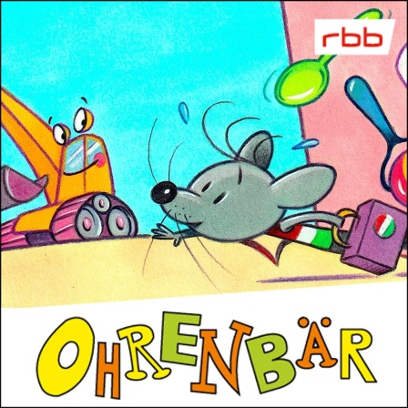 Bunte Zeichnung: eine Maus rennt aus dem Haus, mit Koffer, im Hintergrund wartet ein Bagger, lächelnd (Quelle: rbb/OHRENBÄR/Karsten Teich)