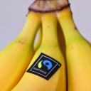 Bananen mit einem Fairtrade-Aufkleber liegen auf einem Tisch
