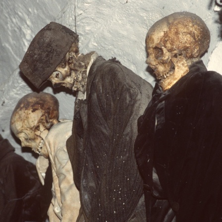 In den Katakomben des Kapuzinerklosters von Palermo, wo sich in früheren Zeiten die Noblen der Stadt in ihren Kleidern bestatten ließen, können Besucher heute die mumifizierten Leichname besichtigen. (Foto: 1997)