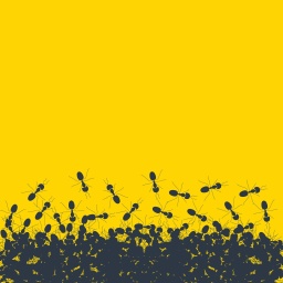 Illustration einer Ameisenkolonie auf gelbem Grund.