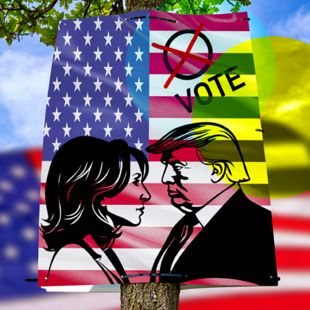 Stilisierte Silhouetten von  Kamala Harris (l.) und Donald Trumo (r.) auf einem Wahlplakat. Der Hintergrund des Bildes ist in den Farben der amerikanischen Flagge gehalten (Rot, Weiß und Blau mit Sternen), und darüber liegt ein grünes "Vote"-Symbol mit einem durchgestrichenen Kreis. Das Bild scheint politische Gegensätze darzustellen und ruft zur Stimmabgabe auf.