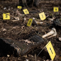Die sterblichen Überreste eines gefallenenSoldaten liegen in einem Wald im Gebiet Donezk.