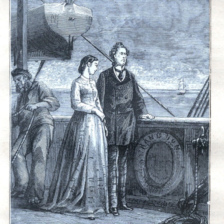 Mr. Fogg und  Miss Aouda an Bord der "Rangoon", Holzstich aus der Originalausgabe "Le Tour du Monde" aus der Reihe "Jules Verne - Voyages Extraordinaires", erschienen im Verlag Collection Hetzel, Paris um 1900