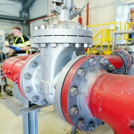 Ein Mitarbeiter steht hinter Rohren an einer Lithium-Pilotanlage der Natürlich Insheim GmbH; die gehört seit 1. Januar 2022 zur Vulcan Energie Ressourcen GmbH mit Sitz in Karlsruhe