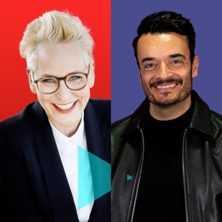 Bärbel Schäfer vor einem roten Hintergrund (links) Giovanni Zarella vor einem blauen Hintergrund (rechts)