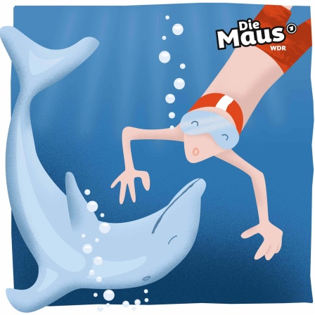 Illustration: Ein Junge taucht mit einem Delfin.