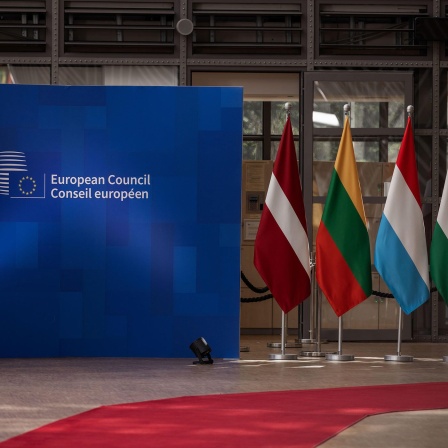 Der Empfangsbereich des Europäischen Rates in Brüssel mit Logo des Europäischen Rates, einigen Flaggen der Mitgliedstaaten sowie dem Roten Teppich.