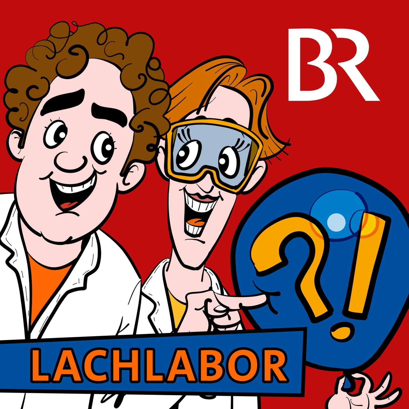 Mischa und Tina als Comicfiguren auf rotem Hintergrund darauf die Schrift "Lachlabor" auf einem blauen Banner. 