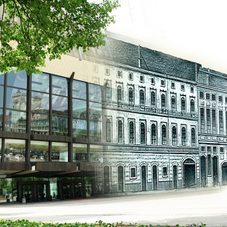 Das Bild zeigt eine Fotomontage des derzeitigen Gewandhaus am Leipziger Augustusplatz mit dem ersten Gewandhaus, das sich allerdings nicht am Augustusplatz befand.