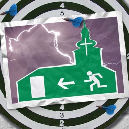 Eine Bildmontage zeigt ein Notausgangsschild in Form einer Kirche. Das Männchen auf dem Schild will die Kirche verlassen