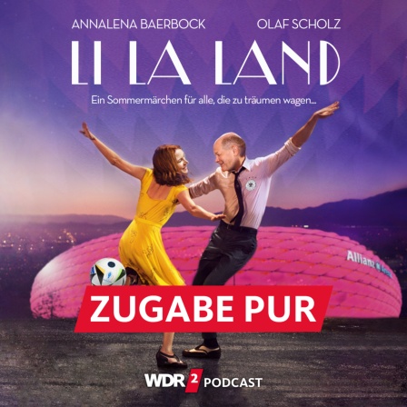 Satirische Fotomontage im Stil des Filmplakats von "La La Land": Annalena Baerbock und Olaf Scholz tanzen im Sonnenuntergang, der Himmel wirkt lila, im Hintergrund die pink erleuchtete Allianz Arena