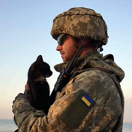 Ukrainischer Soldat am Strand von Odessa mit Katze © picture alliance / ZUMA Press/ Ukrainian Military Defense