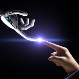 Roboter und menschliche Hand verbinden Finger auf schwarzem Hintergrund