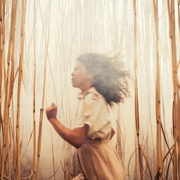 Eine Frau läuft durch ein Maisfeld.