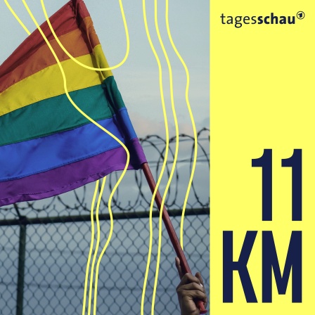 Eine LGBTQ+-Flagge, die im Wind weht, mit einem Stacheldrahtzaun im Hintergrund