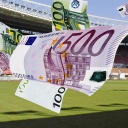 Symbolbild: Geld regiert den Fußball - Euroscheine flattern durch Stadion.