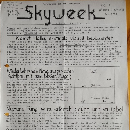 Die erste Seite des Newsletter "Skyweek" für Weltraumfans. Sie berichtet über den Komet Halley.