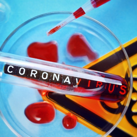 In einem Reagenzglas sind rote Tröpfchen zu sehen. Darüber die Schrift "Coronavirus".