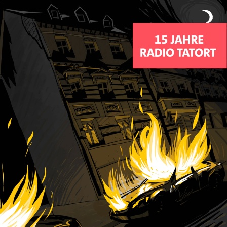 Ein brennendes Auto nachts vor einem Stadthaus, Motiv des ARD Radio Tatort &#034;Dreizehn&#034;