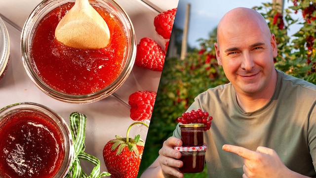 Koch Timo Böckle mit zwei Gläsern Erdbeer-Konfitüre