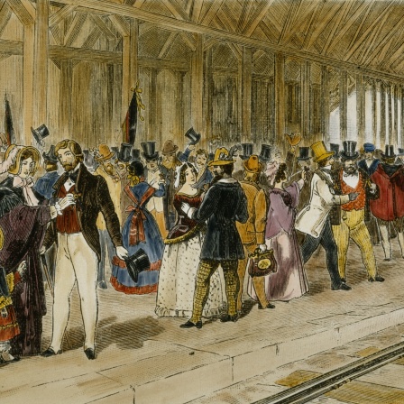 Revolution 1848/49 in Baden. Eine Volksversammlung bei Mannheim formuliert die sog. Märzforderungen, 27. Februar 1848.Holzstich nach zeitgenössischer Darstellung, spätere Kolorierung