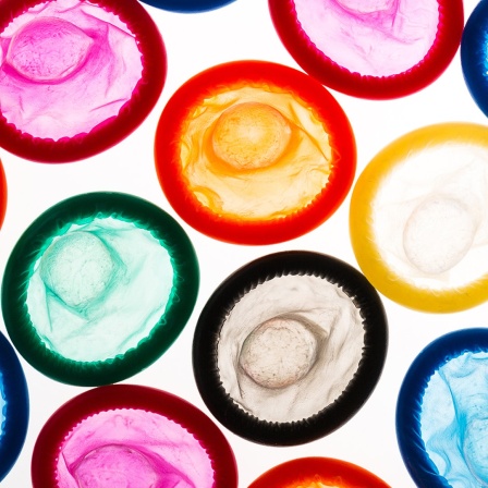 Bunte Kondome liegen auf einer von unten beleuchteten Glascheibe. 