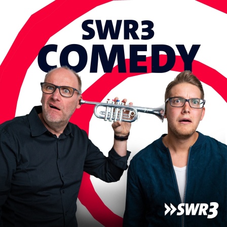 SWR3 Comedy Podcast Andreas Müller und Steffen Auer mit einer Trompete