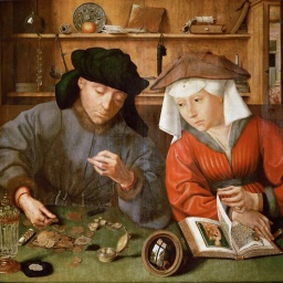 Gemälde von zwei Personen, die an einem Tisch sitzen und Geld und Schmuck sortieren