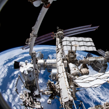 Eine Aufnahme aus der Kamera des Nasa-Astronauten Thomas Marshburn zeigt die Internationale Raumstation ISS und die Erde darunter. Mit Hilfe von Minisatelliten soll ein Projekt zur weltweiten Tierbeobachtung aus dem All wieder Daten liefern.