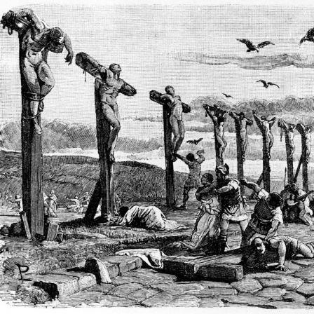 Spartacus und die anderen Sklaven wurden nach dem Aufstand 71 v. Chr. entlang der Via Appia gekreuzigt. Kupferstich aus dem 19. Jahrhundert.