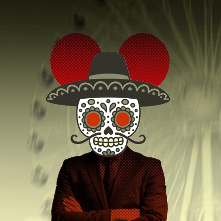 Collage einer Figur, deren Oberkörper aus einem Anzug und deren Kopf aus einer mexikanischen Maske besteht. Auf dem Kopf trägt die Figur Mickey Mouse Ohren.