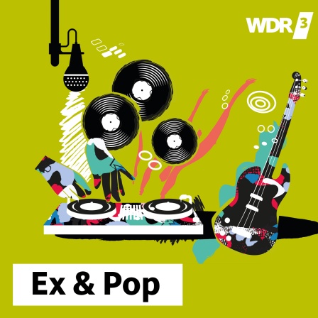 Illustration zu WDR 3 Open Ex And Pop: Zwei Hände an einem Mischpult, bunte Gitarre, Mikrofon und Schallplatten.