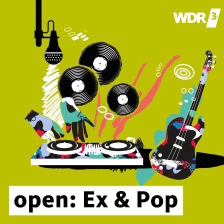 Illustration zu WDR 3 Open Ex And Pop: Zwei Hände an einem Mischpult, bunte Gitarre, Mikrofon und Schallplatten.