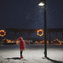 Ein Kind steht im Dunkeln bei Schneefall auf einem weihnachtlich geschmückten Platz und schaut nach oben zu einer brennenden Straßenlaterne.