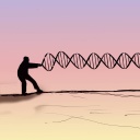 Illustrtaion: Ein Mann zeiht an einem DNA-Strang, welcher von einer Hand festgehalten wird.