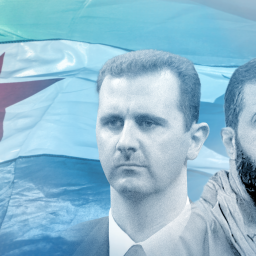 Die Syrische Flagge, im Vordergrund die Gesichter von Baschar al-Assad und HTS-Anführer al-Dscholani